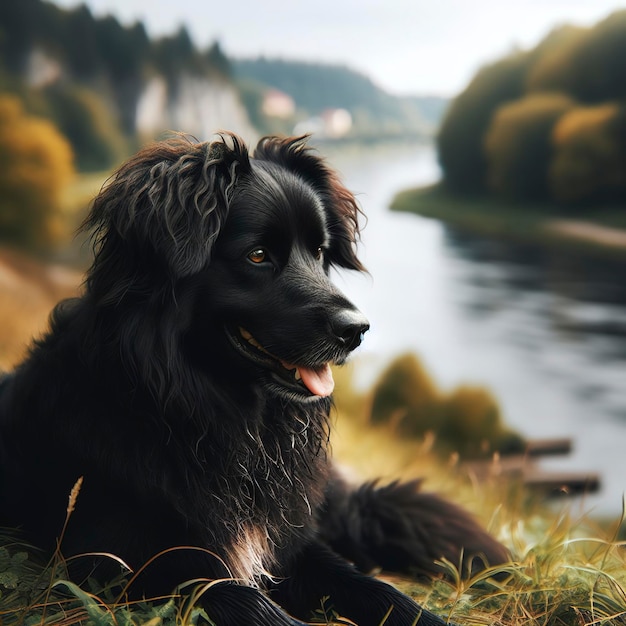 Um cão preto sentado na grama perto de um rio