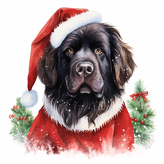 Um cão preto vestindo um chapéu de Papai Noel e um lenço vermelho
