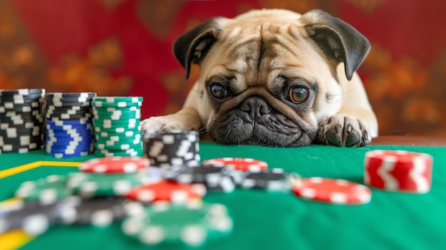 Um cão pug bonito está sentado em uma mesa de pôquer olhando para a câmera com uma expressão triste em seu rosto Há fichas de pôquer espalhadas sobre a mesa