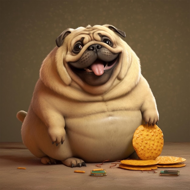 Um cão pug gordo com um pedaço de queijo