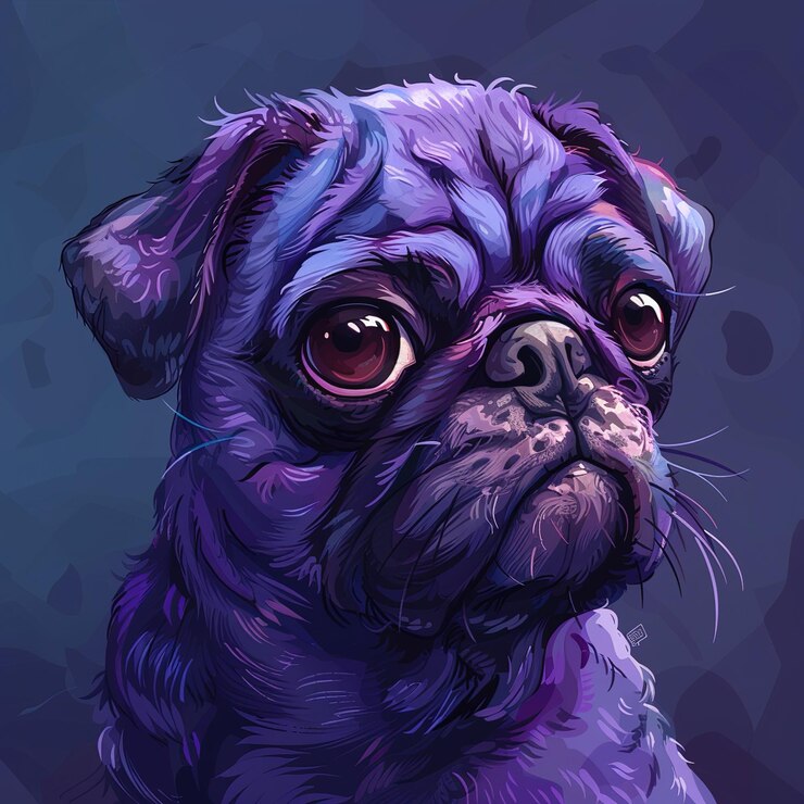 Foto um cão pug preto com uma cabeça roxa e um olho roxo