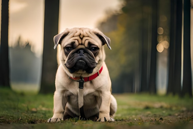 Um cão pug senta-se em um parque