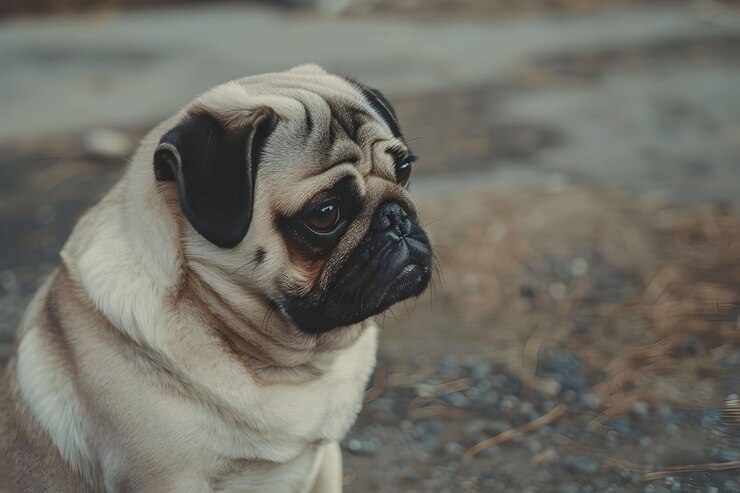 Foto um cão pug senta-se no chão olhando para cima