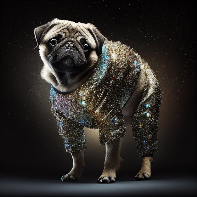 Um cão pug vestindo uma camisa brilhante com a palavra " on it "