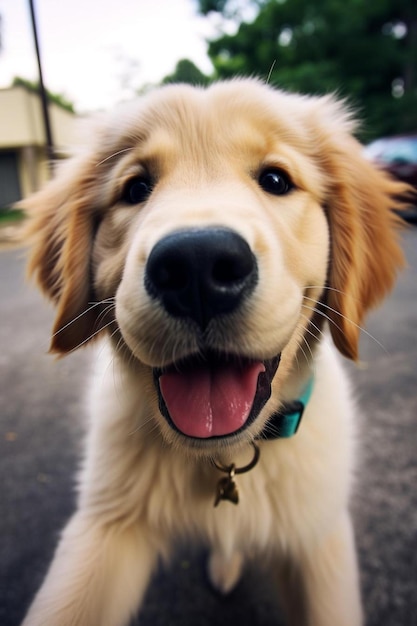 um cão que está sorrindo e tem a língua fora