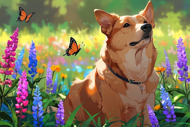 Um cão que senta-se entre as flores e observa as borboletas