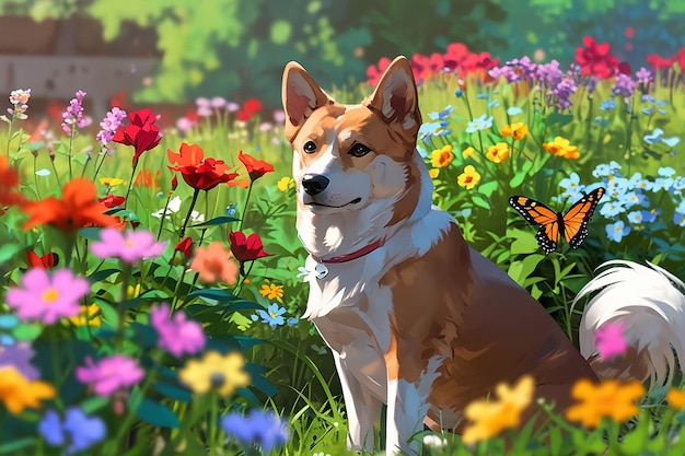 Um cão que senta-se entre as flores e observa as borboletas