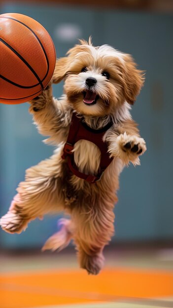 Foto um cão que tem uma bola na boca.