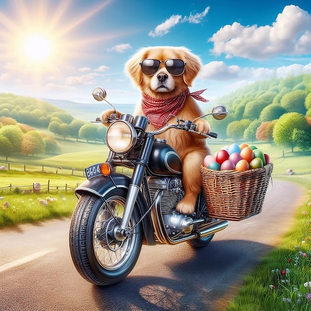 Um cão realista em uma motocicleta com óculos de sol uma cesta na parte de trás cheia de ovos coloridos carregando
