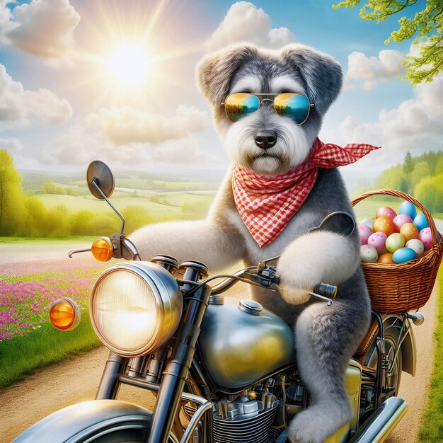 Um cão realista em uma motocicleta com óculos de sol uma cesta na parte de trás cheia de ovos coloridos carregando