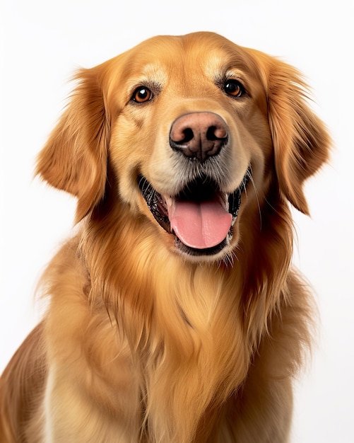 Um cão retriever dourado com um fundo branco