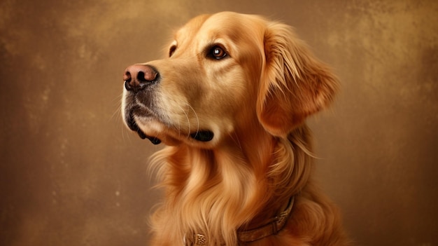Um cão retriever dourado com um fundo marrom