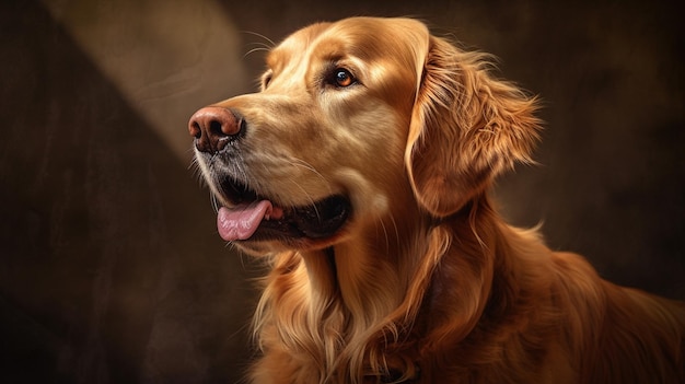 Um cão retriever dourado com um fundo marrom