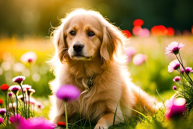 Um cão retriever dourado em um campo de flores