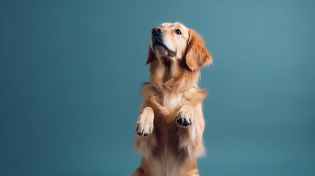 Um cão retriever dourado fica em suas patas traseiras em um fundo azul.