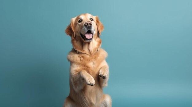 Um cão retriever dourado fica em suas patas traseiras em um fundo azul.