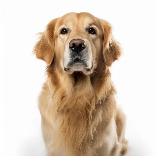 Um cão retriever dourado senta-se na frente de um fundo branco.