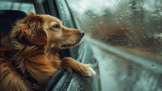 Um cão retriever engraçado a desfrutar de uma viagem de carro no carro, imagem gerada pela IA