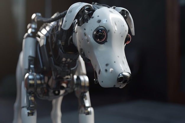 Um cão robô com um olho vermelho está parado na frente de um fundo preto.