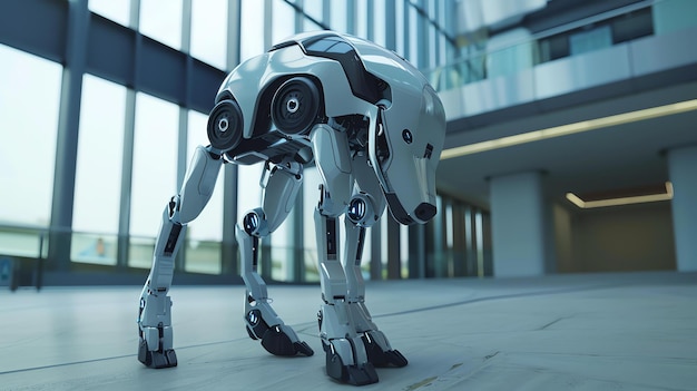 Um cão robótico elegante e futurista está em quatro patas em um edifício de escritórios moderno O robô é branco e cinza com luzes azuis para os olhos