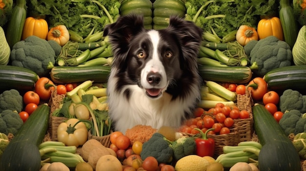 Foto um cão rodeado de legumes e frutas