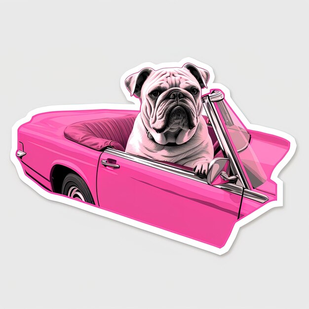 Foto um cão rosa num carro rosa com um adesivo que diz bulldog.