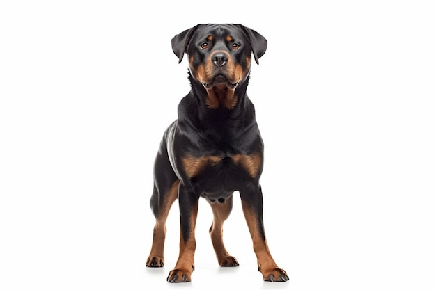 Um cão rottweiler com um fundo branco