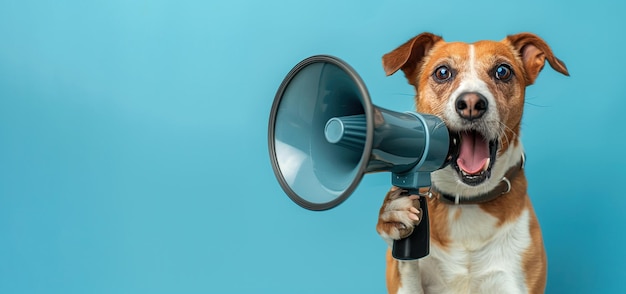 Um cão segurando um megafone em um fundo azul