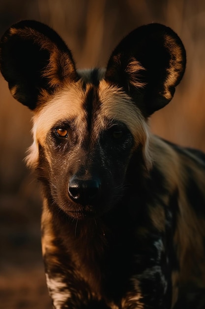 Um cão selvagem com um fundo amarelo