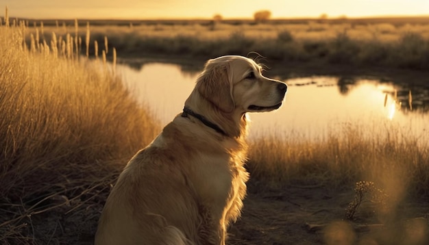 Um cão senta-se em frente a um lago ao pôr do sol.