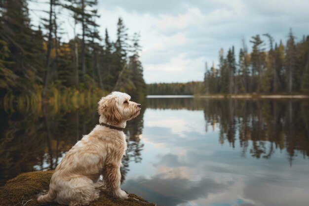 um cão senta-se em um tronco na frente de um lago com árvores no fundo