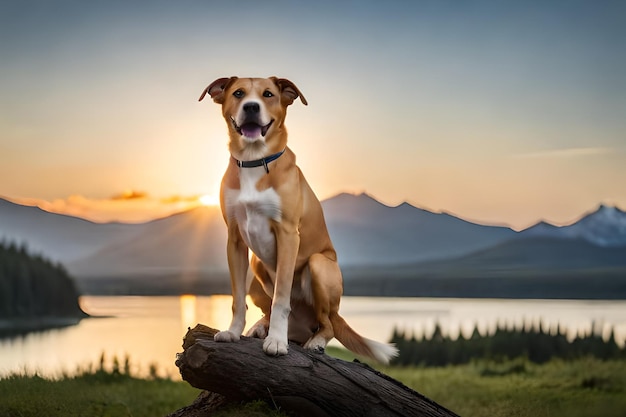 Um cão senta-se em um tronco na frente de um pôr do sol