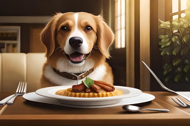 Um cão senta-se em uma mesa com um prato de comida e uma faca.