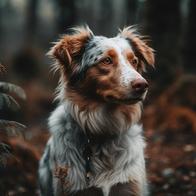 Um cão senta-se na floresta com um fundo frondoso.