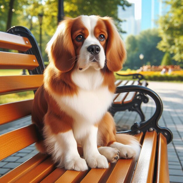 Um cão sentado em um banco em um parque