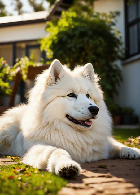 Um cão sentado na relva.