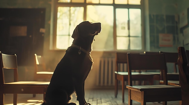 Foto um cão solitário senta-se numa sala de aula vazia a olhar pela janela o sol brilha pela janela e lança um brilho quente sobre o cão