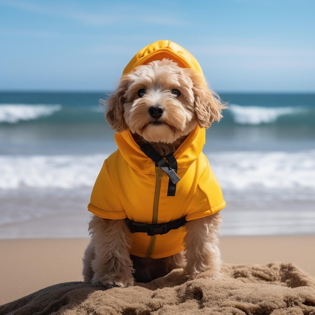 um cão surfeiro bonito vestindo uma roupa amarela na praia