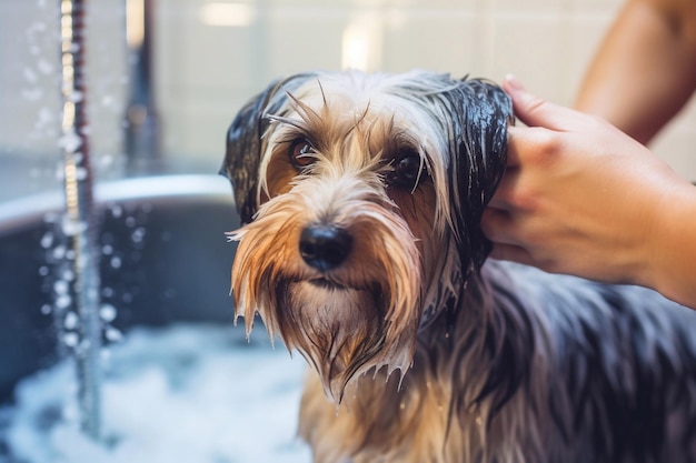 um cão tomando um banho com água nele