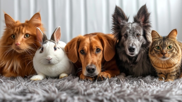 Foto um cão, um gato, um coelho, uma cobaixa, uma chinchila e uma iguana sentam-se em fila e olham para a câmara.