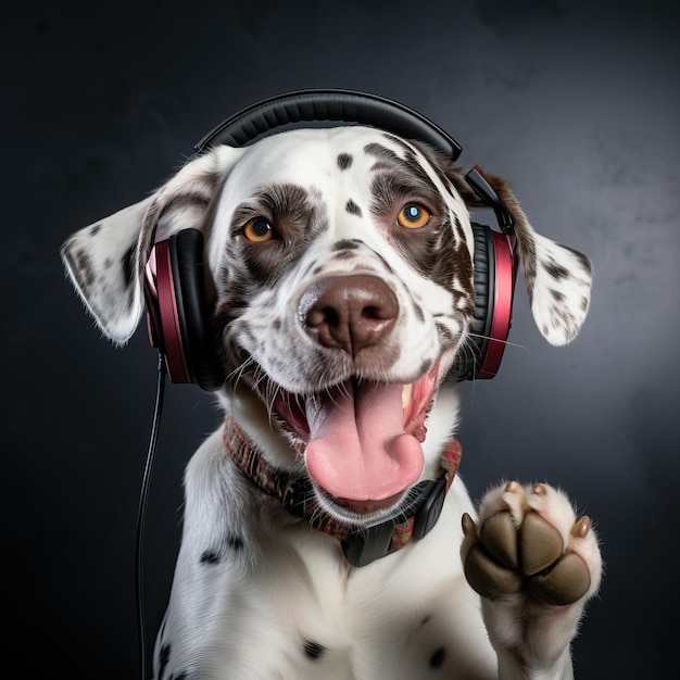 Foto um cão usando fones de ouvido e levantando a pata