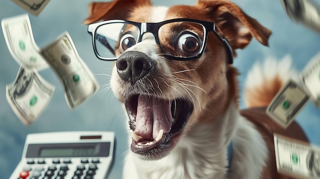 Um cão usando óculos de corneta está sentado na frente de uma calculadora o cão tem a boca aberta de surpresa e os olhos estão bem abertos