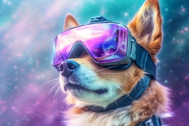 Um cão usando óculos de realidade virtual