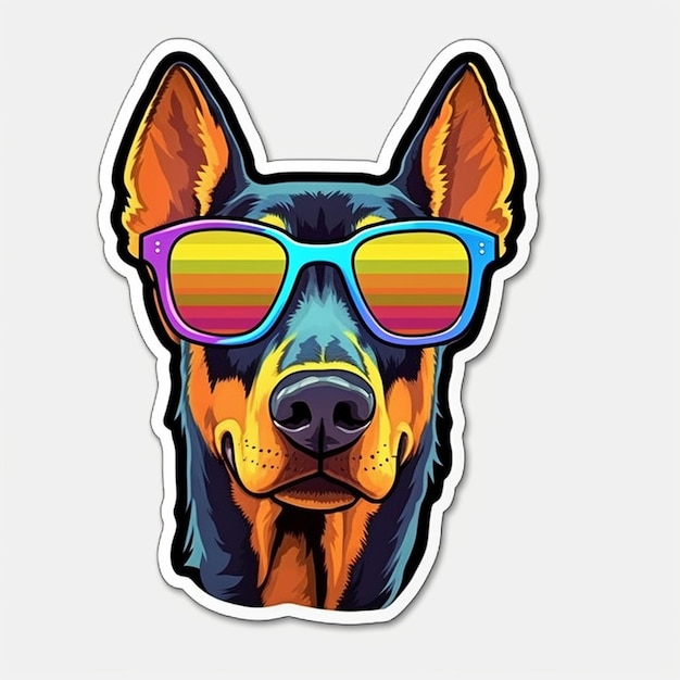 um cão usando óculos de sol com cores do arco-íris e uma foto de um cão vestindo óculos de arco-íris.