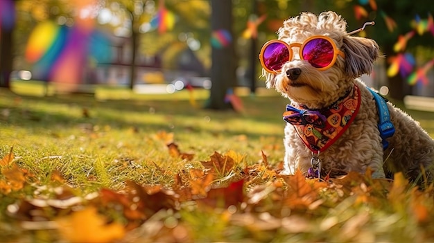 Um cão usando óculos de sol e sentado na grama com folhas de outono ao redor de Himbree Park, Nova York, NY