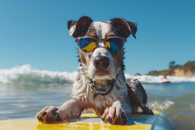 um cão usando óculos de sol montando uma atividade de verão de surf