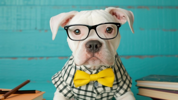 Um cão usando óculos e uma gravata sentado na frente de livros