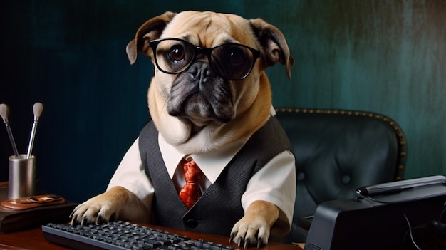 Um cão usando óculos senta-se em uma mesa com um computador