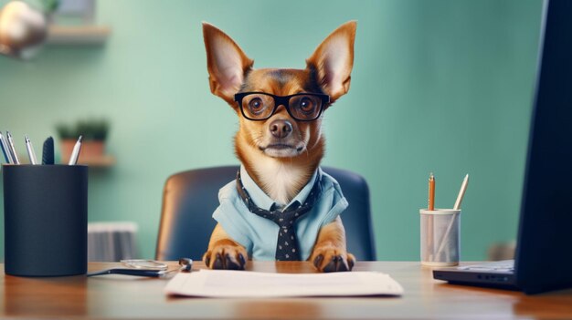 Um cão usando óculos senta-se em uma mesa com um computador