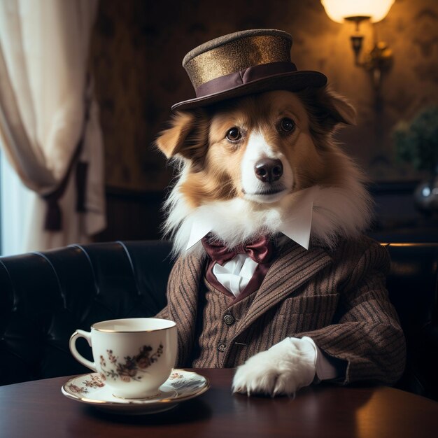 Foto um cão vestido de cavalheiro.